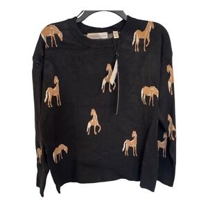 Catherine Malandrino Womens Horse Print Crewneck Sweater Black Tan Size M New
